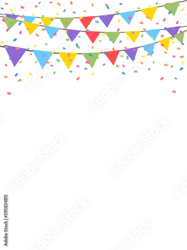 Celebrate hanging triangular garlands with confetti. Colorful perspective flags party isolated on white background. Birthday, Christmas, anniversary, and festival fair concept. Vector illustration.