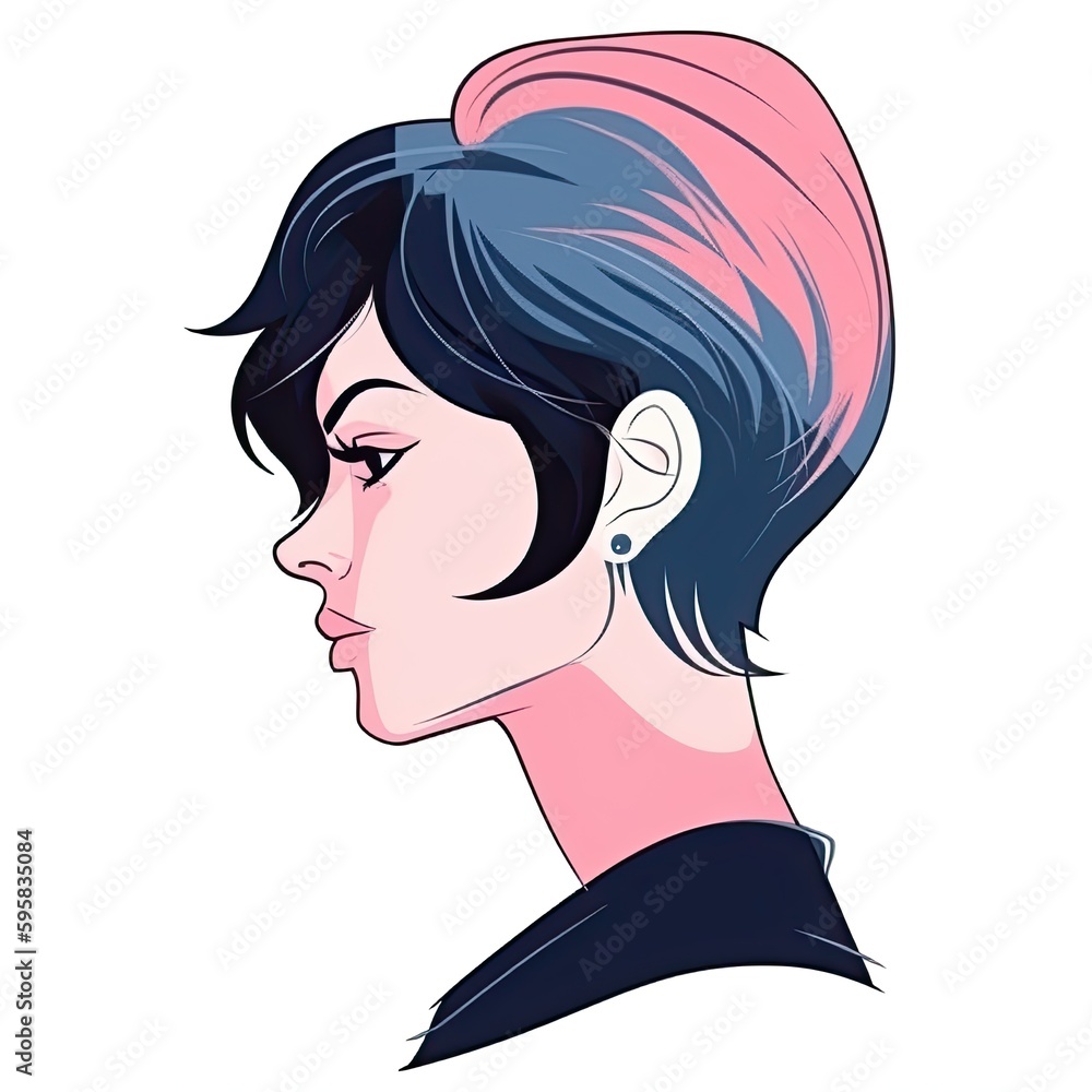 Profile of a modern hipster, punk girl with a vivid color hairstyle. Illustration. Generative AI. Profile of a modern hipster, punk girl with a vivid color hairstyle. Illustration. Generative AI.