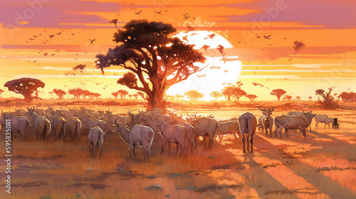 Watercolor painting that shows a herd of antelopes walking in front of the sunset across the savannah - ai generative