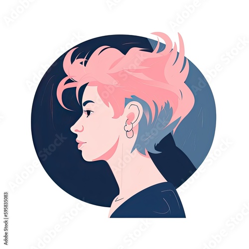 Profile of a modern hipster  punk girl with a vivid color hairstyle. Illustration. Generative AI.