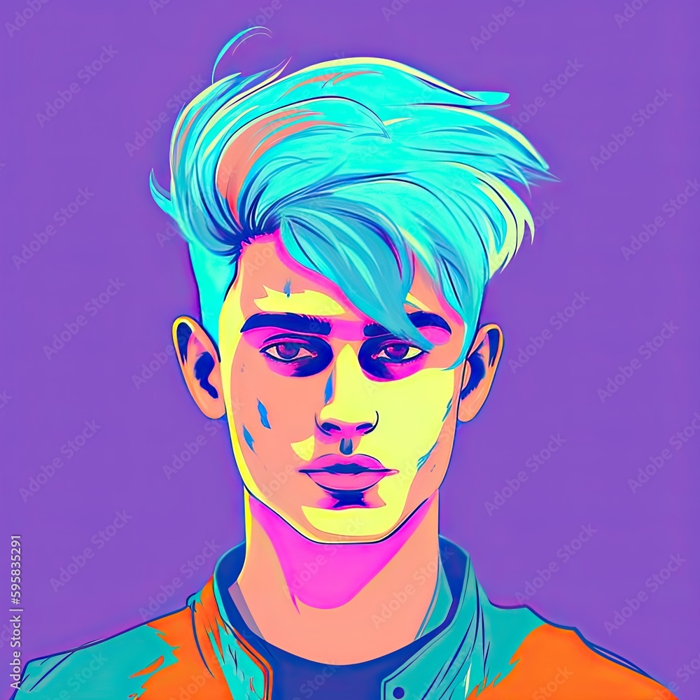 Profile of a modern hipster, punk guy with a vivid color hairstyle. Illustration. Generative AI. Profile of a modern hipster, punk guy with a vivid color hairstyle. Illustration. Generative AI.