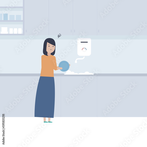 ガス給湯器からお湯が出ずに困っている主婦のイラスト素材｜mayucolor03