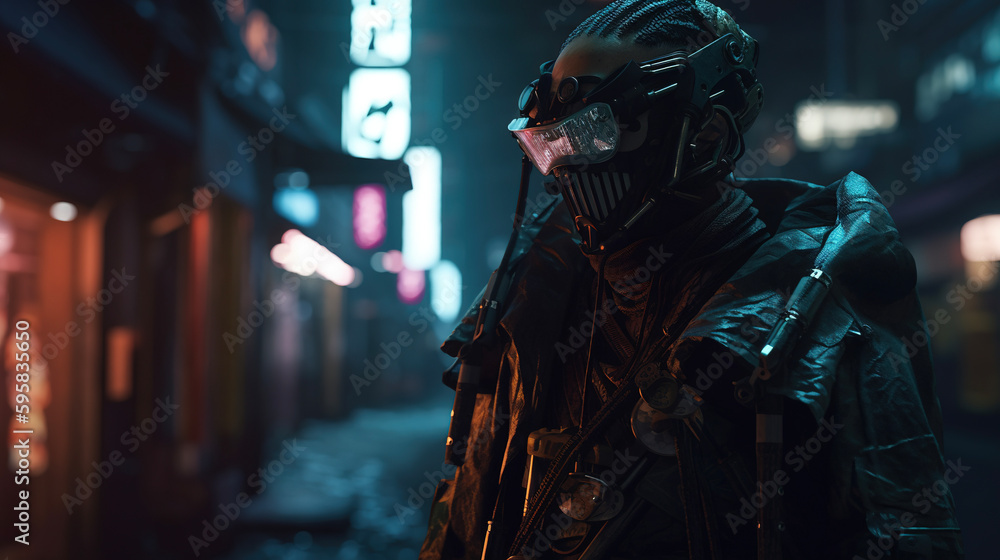 Cyberpunk samurai in futuristic neon city. AI