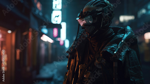 Cyberpunk samurai in futuristic neon city. AI © Oleksandr Blishch