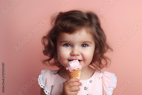 Cute little girl with an ice cream on a pink background. AI