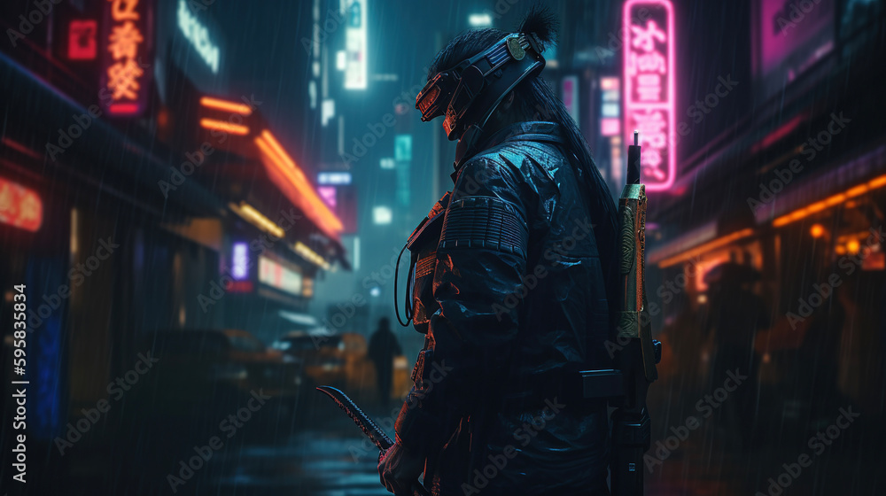 CyberNeon Samurai, city, cyber, cyberpunk, cyberpunk 2077