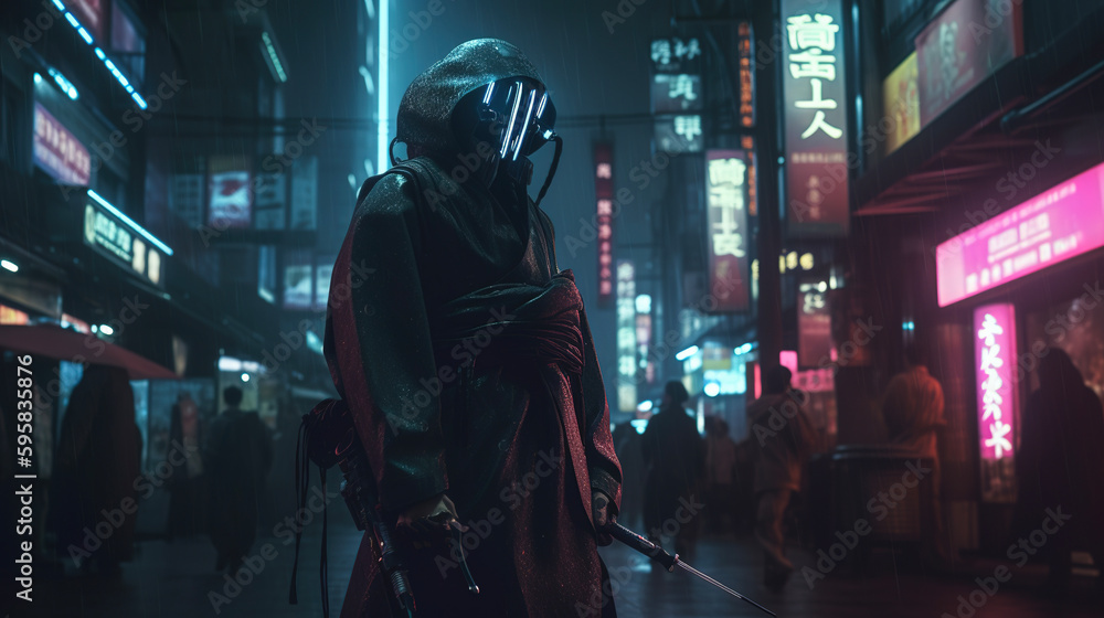 Fototapeta premium Cyberpunk samurai in futuristic neon city. AI