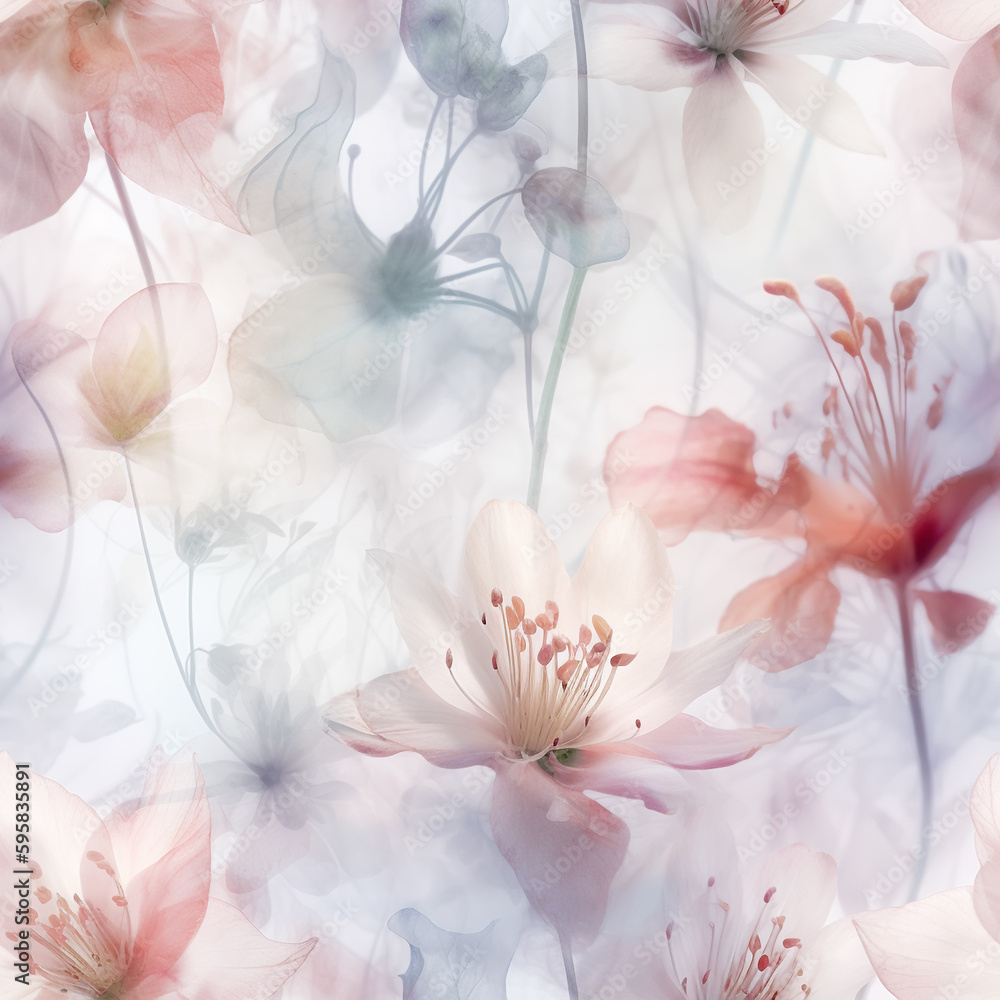 delicate flowers on white background, seamless pattern, Generative AI