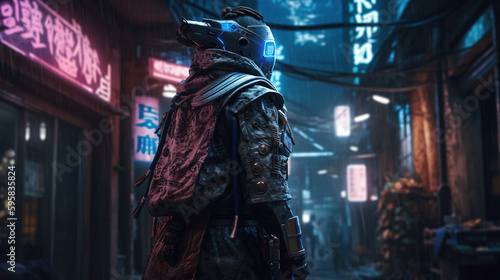 Cyberpunk samurai in futuristic neon city. AI