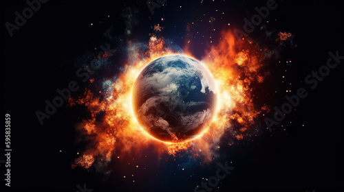 Burning planet Earth. Global warming concept. AI