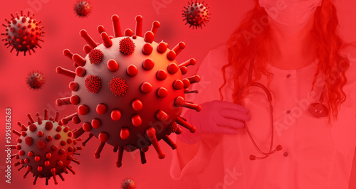 Doctor in a medical mask on a red background. Dangerous virus mockup, bacteria, microbe close-up. Medicine concept. photo