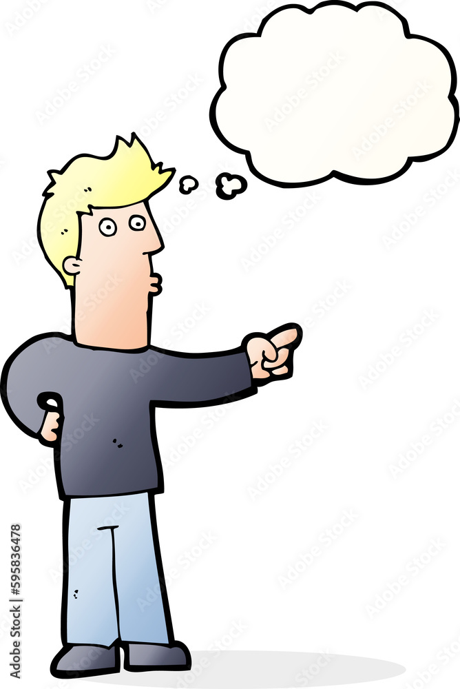 cartoon curious man pointing with thought bubble cartoon curious man pointing with thought bubble
