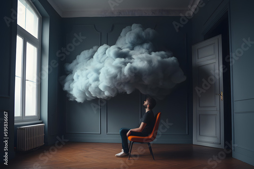 Man sits on a chair in an empty room with a cloud near the ceiling. A person is in the clouds, a clouded mind, loneliness is lost, society. Generative AI.