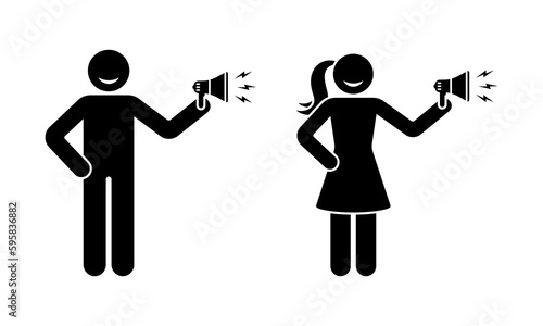 Stick figure man and woman holding speaker vector illustration set. Person with loudspeaker making announcement icon silhouette pictogram