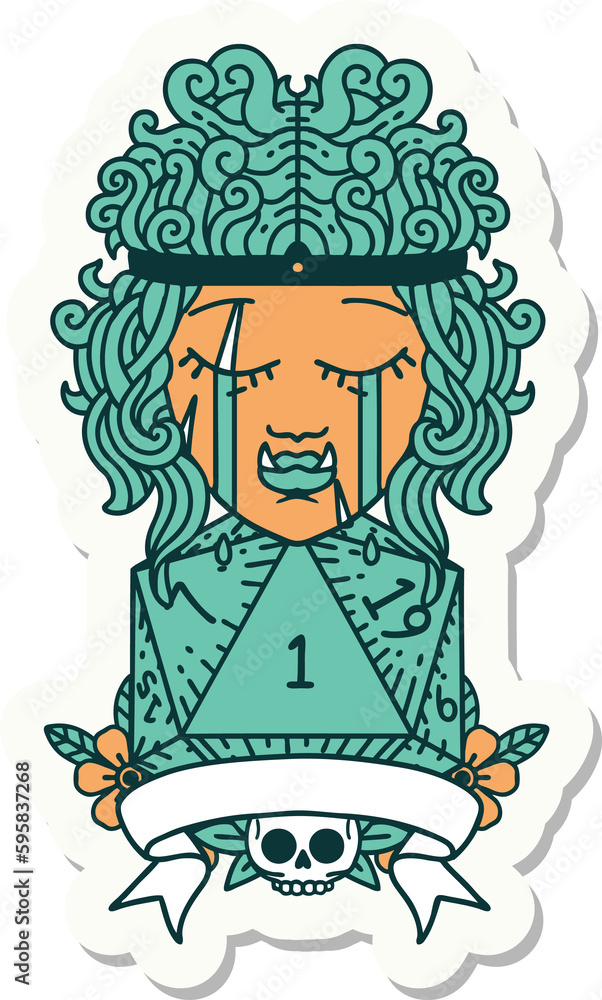 sticker of a crying orc barbarian character with natural one D20 roll sticker of a crying orc barbarian character with natural one D20 roll