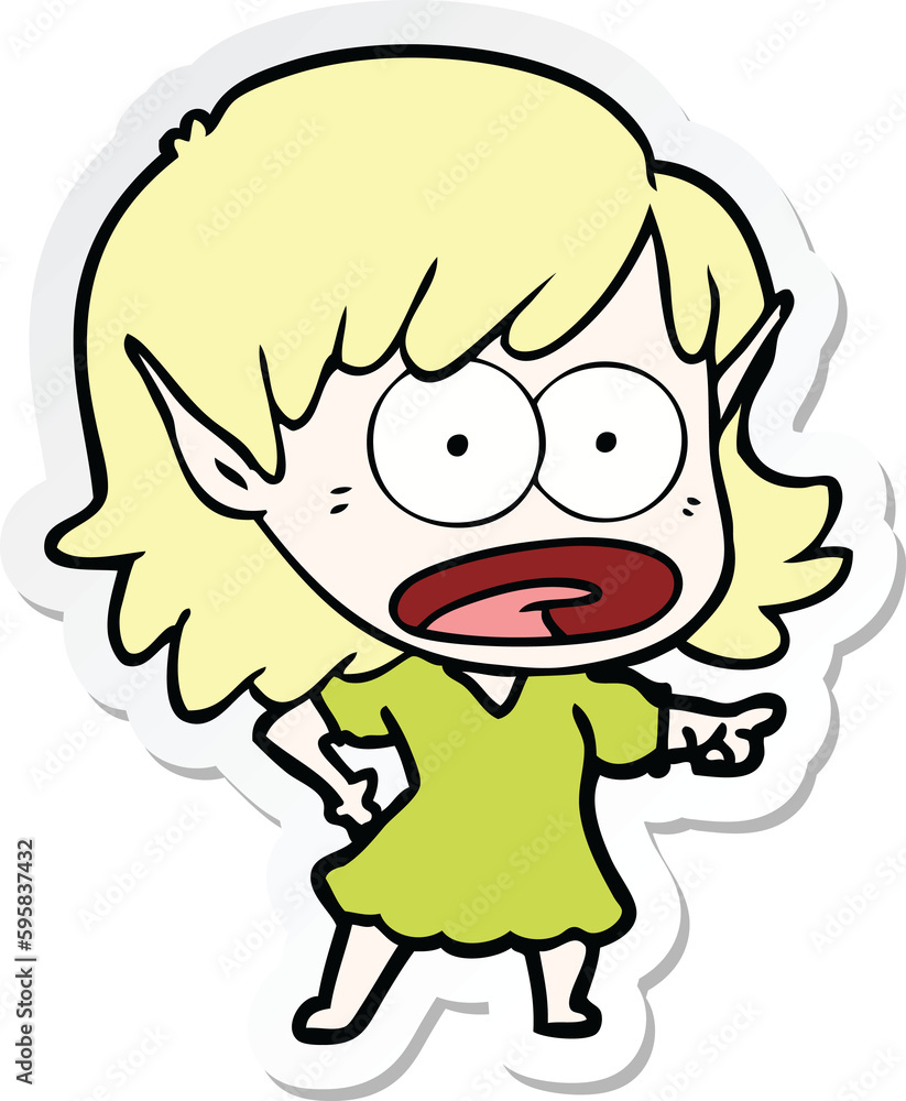 sticker of a cartoon shocked elf girl pointing sticker of a cartoon shocked elf girl pointing