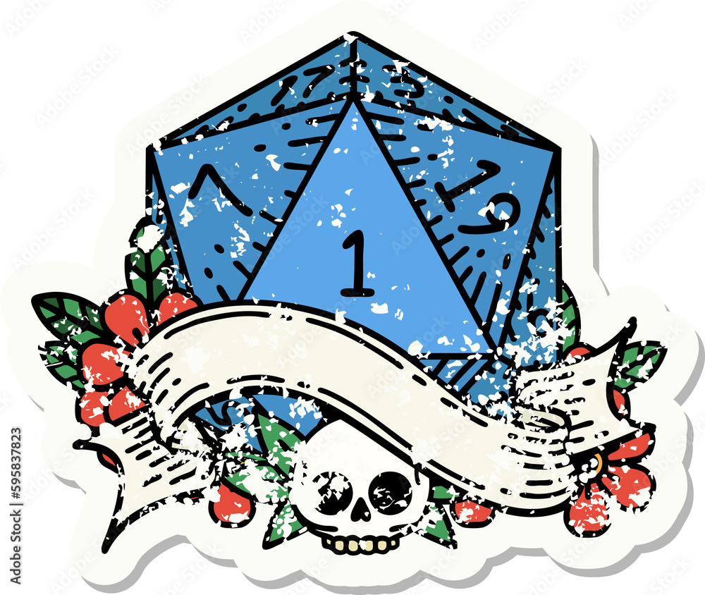 grunge sticker of a natural one d20 dice roll