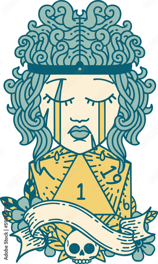 Retro Tattoo Style crying human barbarian with natural one d20 roll Retro Tattoo Style crying human barbarian with natural one d20 roll