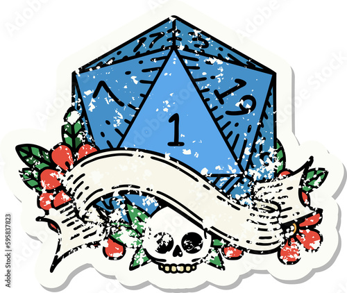 grunge sticker of a natural one d20 dice roll