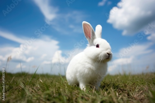 Fluffy white bunny standing in a field of green grass, with a bright blue sky and fluffy white clouds in the background. Generative AI
