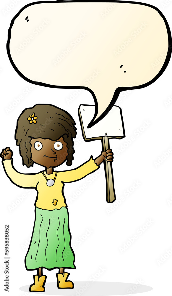cartoon hippie girl with protest sign with speech bubble cartoon hippie girl with protest sign with speech bubble