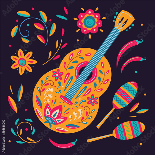 Set of traditional Mexican symbols - guitar, maracas, chili pepper, stylized flowers. Ornate folk graphic. For banner, poster, invitation, greeting card