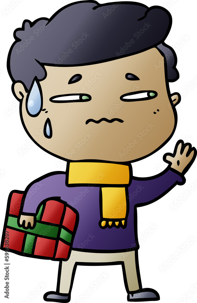 cartoon anxious man with christmas gift cartoon anxious man with christmas gift