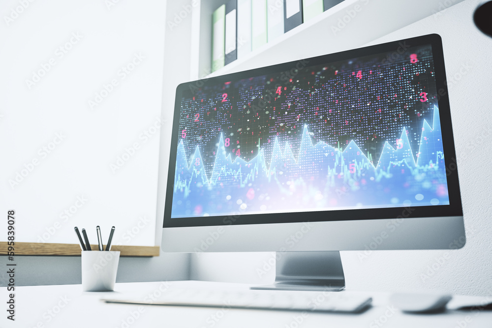 Stats data illustration on modern laptop monitor, computing and analytics concept. 3D Rendering Stats data illustration on modern laptop monitor, computing and analytics concept. 3D Rendering