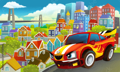 cartoon sports car speeding in the city illustration artistic painting © honeyflavour
