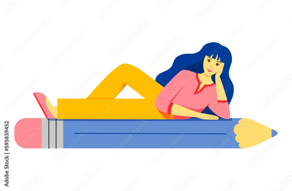 Young woman lies on a giant pencil. Concept of education, copywriting, business, creativity, achievement, blogging. Cute flat female character on white background. Vector illustration