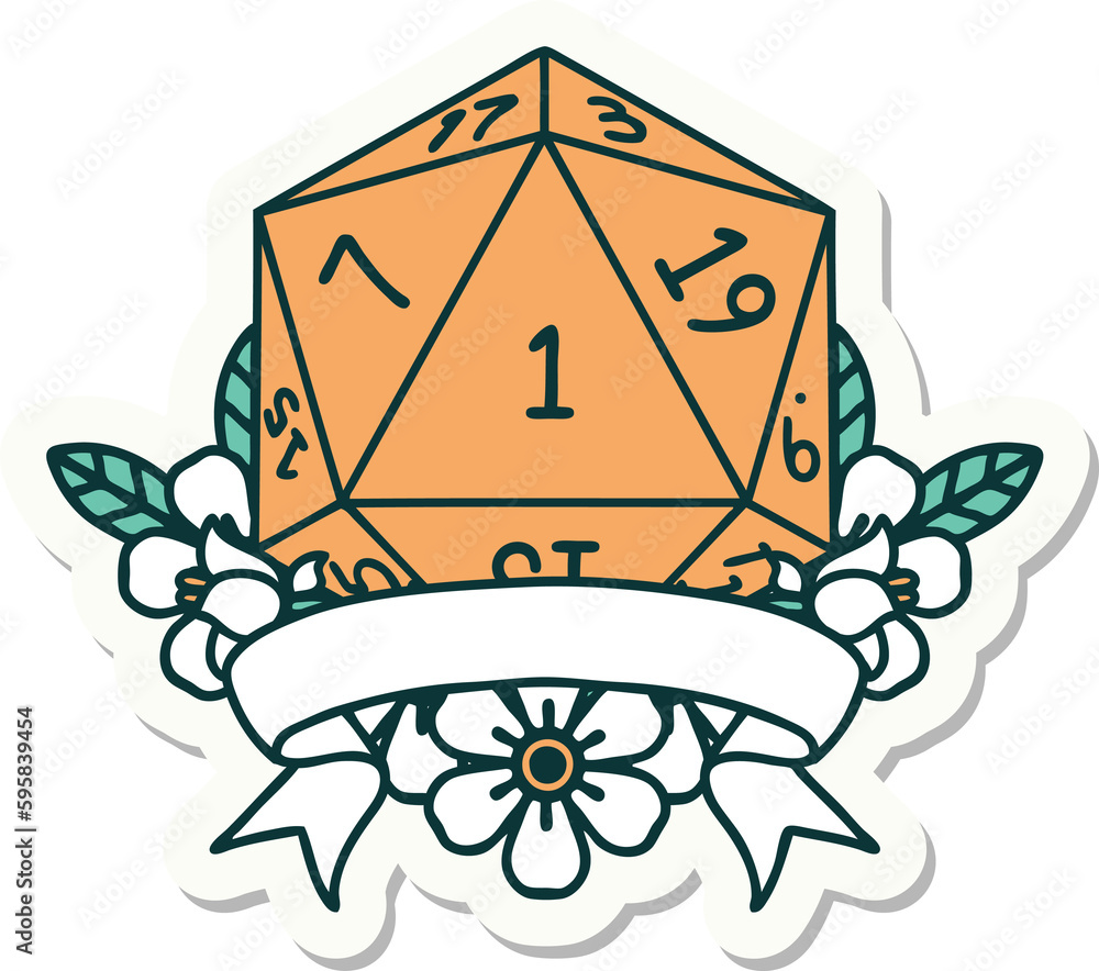 sticker of a natural one d20 dice roll sticker of a natural one d20 dice roll