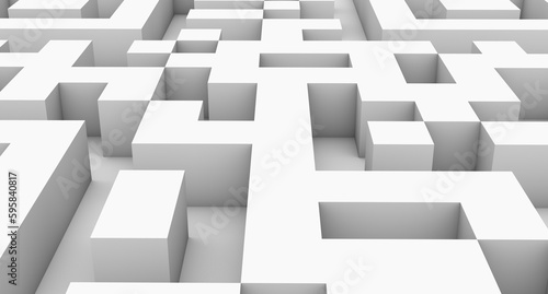 Futuristic white maze. Path in a puzzle with an exit. Solving a complex problem and achieving a goal. 3D render.