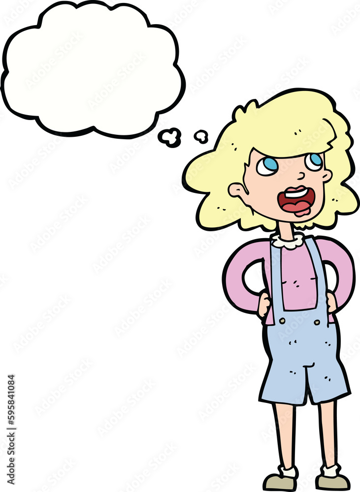 cartoon woman in dungarees with thought bubble cartoon woman in dungarees with thought bubble