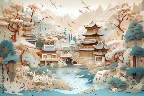 Multidimensional Kirigami: Chinese Paper Illustration and Landscape Painting, Generative AI