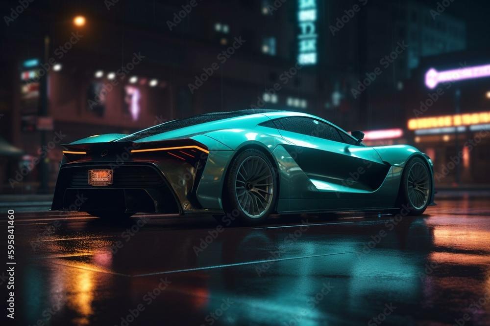 3D electric hybrid sports car at night. Generative AI