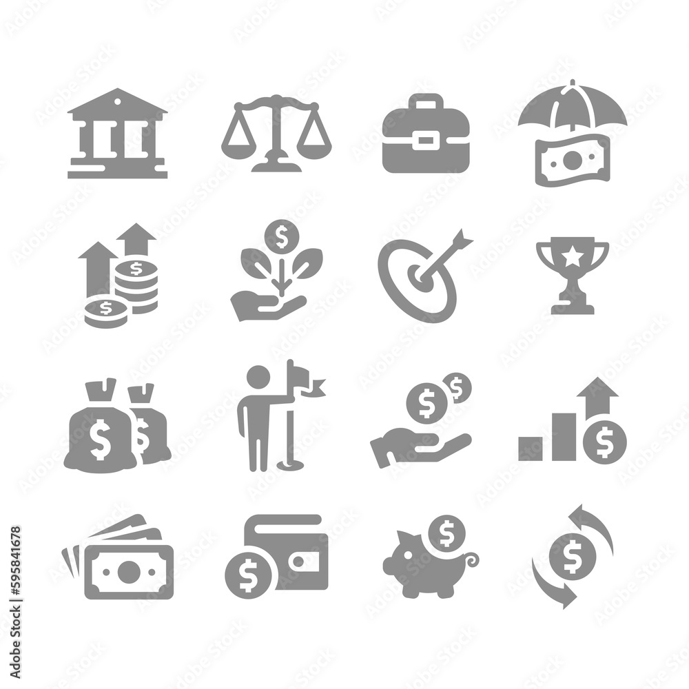 Business and finance vector icon set. Money, dollar bill, piggy bank fill icons. Business and finance vector icon set. Money, dollar bill, piggy bank fill icons.