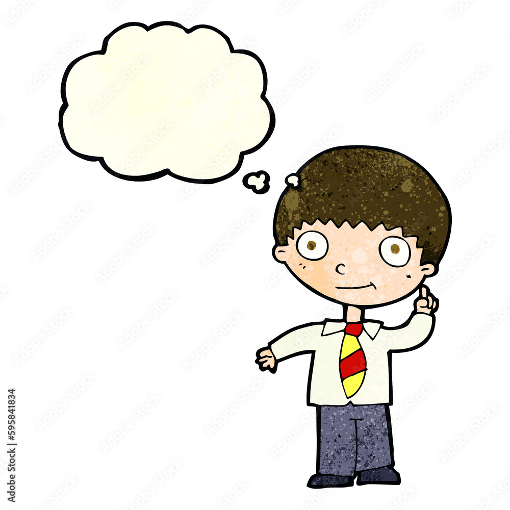 cartoon school boy with idea with thought bubble cartoon school boy with idea with thought bubble