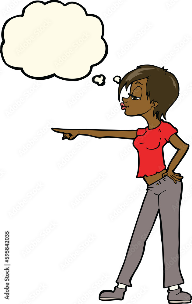 cartoon hip woman pointing with thought bubble cartoon hip woman pointing with thought bubble