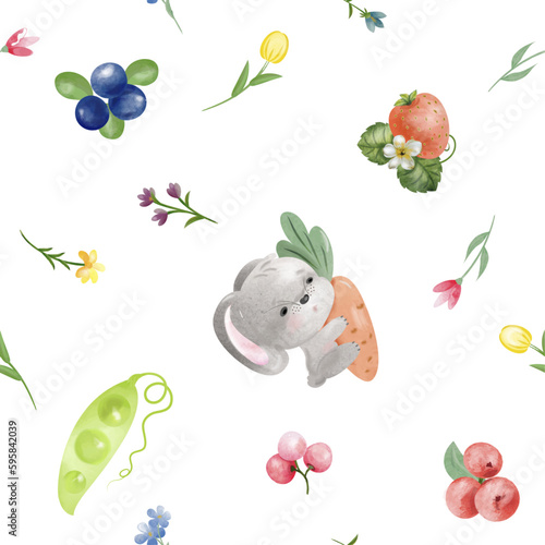 Seamless pattern watercolor elements berries flowers hare