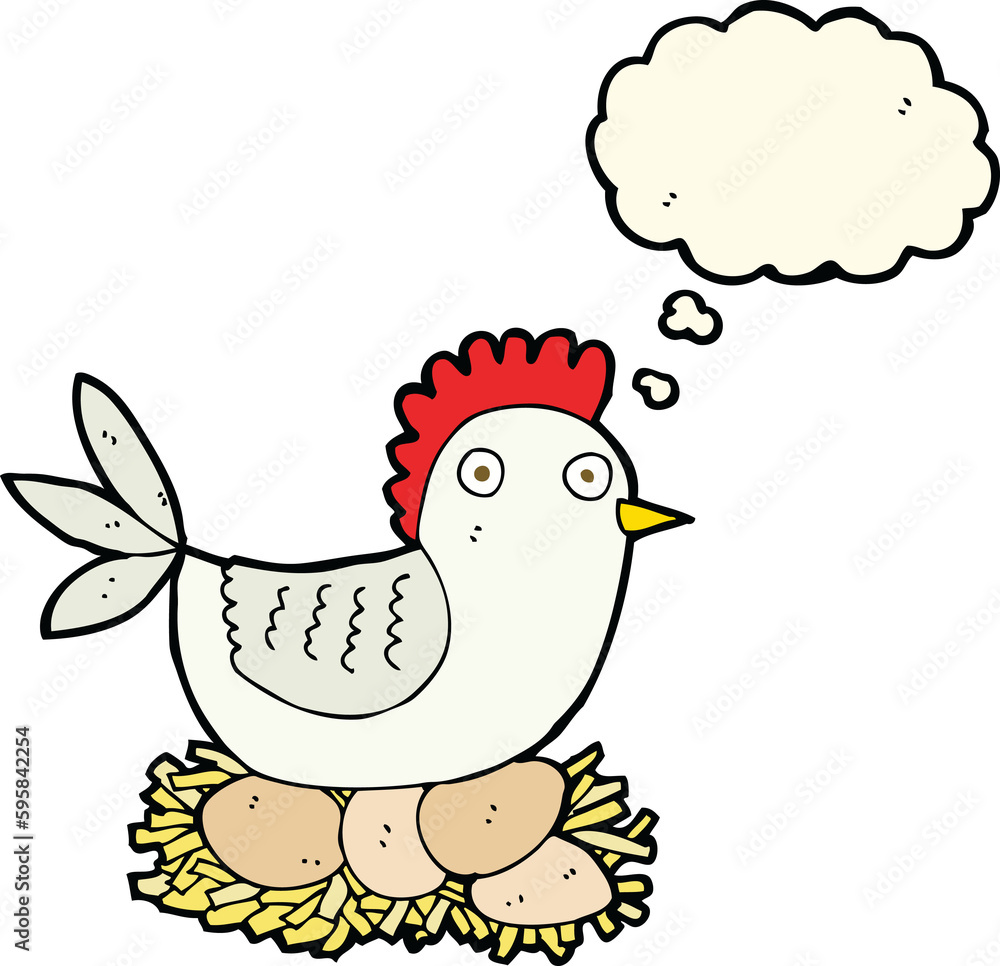 Fototapeta premium cartoon hen on eggs with thought bubble