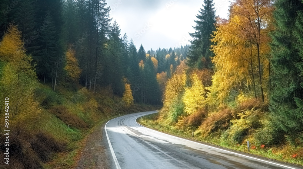 Fototapeta premium Asphalt road in the autumn forest in the mountains, generative AI.