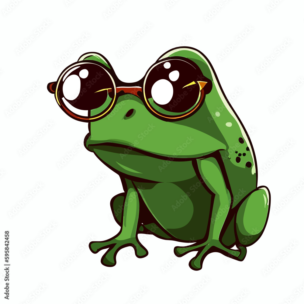 Obraz premium Cute little green frog with glasses, vector art