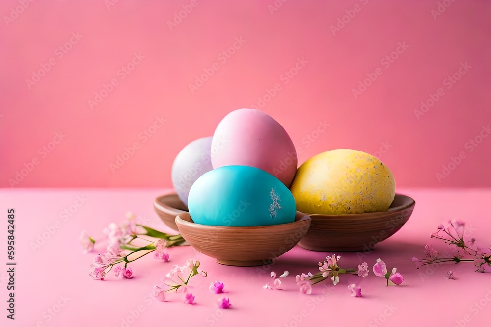 Easter Delights: Gypsophila and Easter Eggs on Pink Background Easter Delights: Gypsophila and Easter Eggs on Pink Background