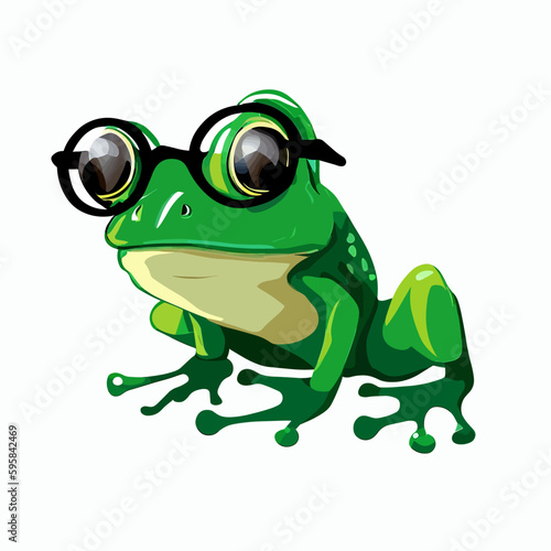Cute little green frog with glasses, vector art