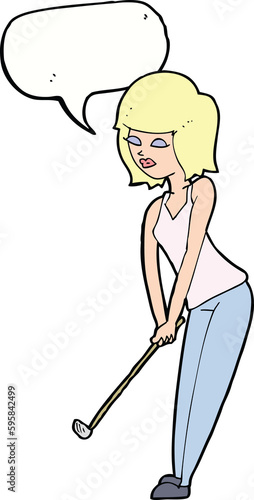 cartoon woman playing golf with speech bubble