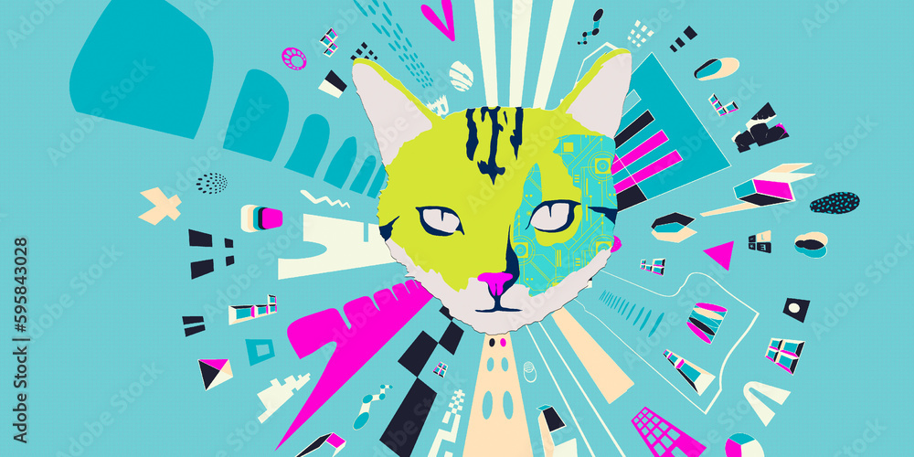 Contemporary digital collage art. Modern anti-design. Stylish kitty head and abstract geometry background