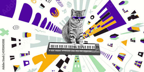 Contemporary digital collage art. Modern anti-design. Musical funny kitty