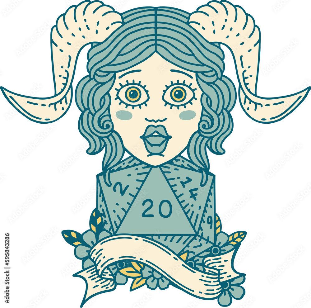 Retro Tattoo Style tiefling with natural twenty dice roll Retro Tattoo Style tiefling with natural twenty dice roll
