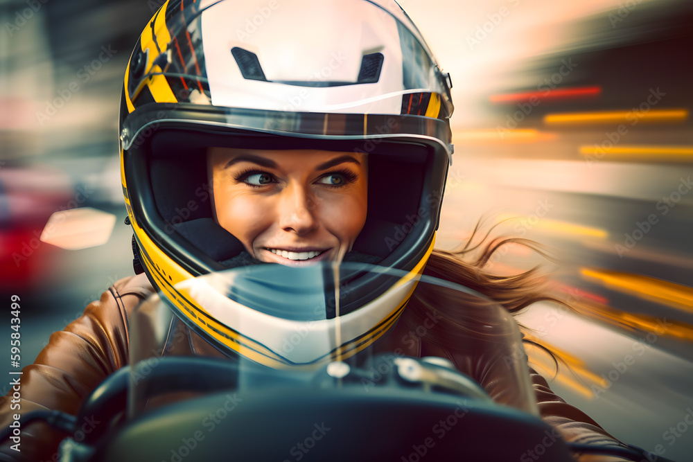 Beautiful smiling girl in a helmet rides a motorcycle around the city at high speed. Generative AI. Beautiful smiling girl in a helmet rides a motorcycle around the city at high speed. Generative AI.