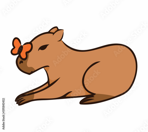 Cute capybara lies with butterfly on nose. Vector illustration isolated on white background. Image for design of notepads menu posters brochures clothes stationery. Simple design element